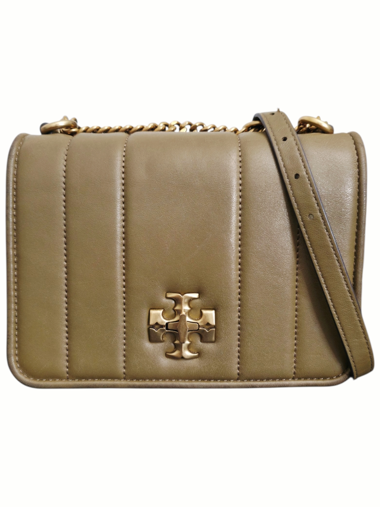 Tory Burch Kira Chain Shoulder Bag Toasted Sesame Rolled Gold Leather Crossbody